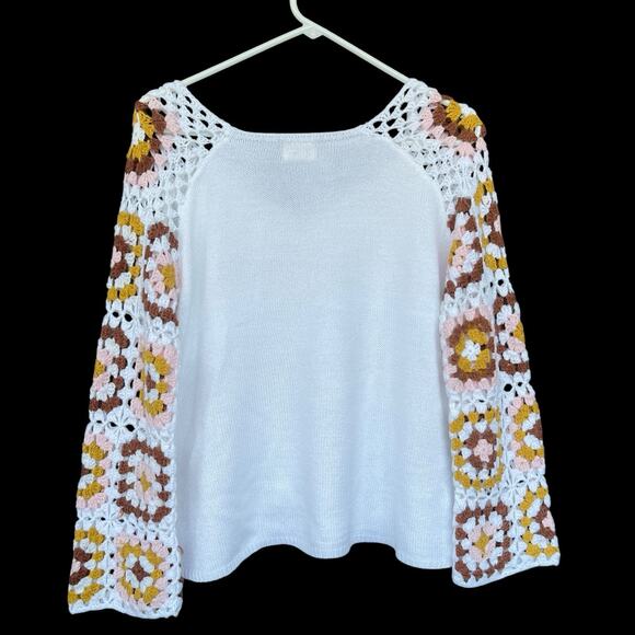 Bibi Womens Granny Square Sweater Small Beachy Cottage Crochet Hippie Vneck Boho - Picture 2 of 10